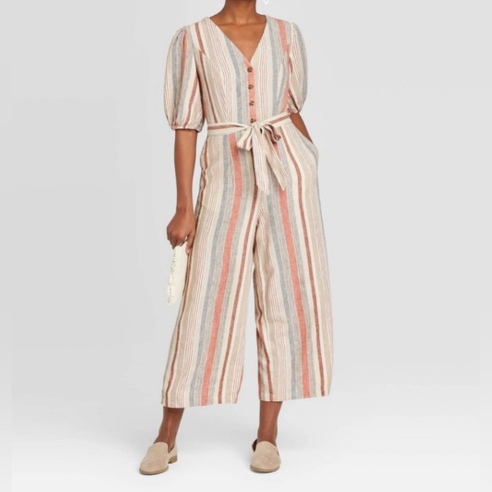 Universal Thread|Linen blend Striped Button-Down jumpsuit,puff sleeves•Lagenlook